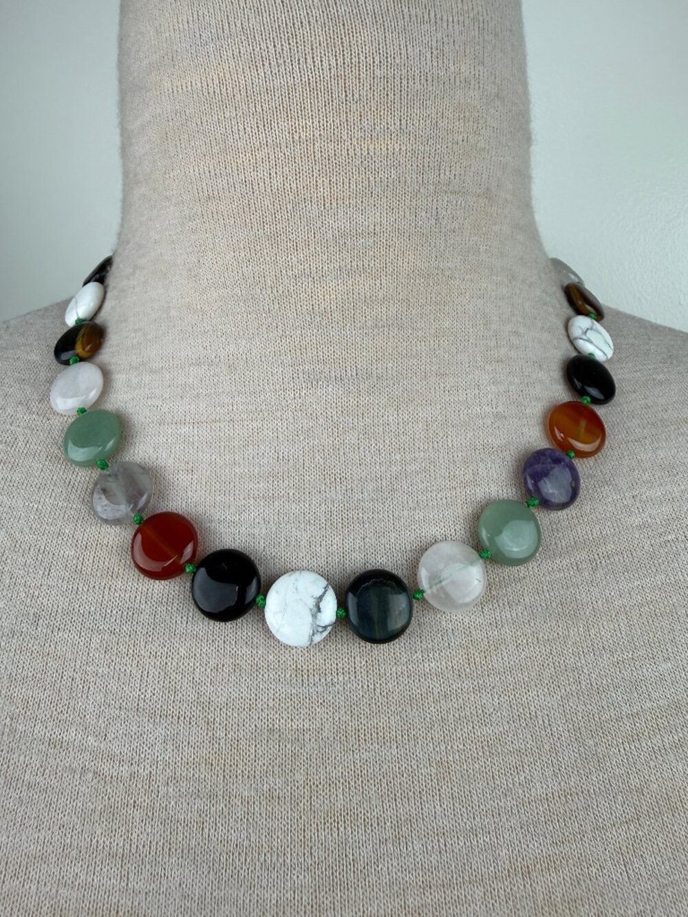 Multi-Stone Coin Gemstone Hand Knotted Necklace 19-20"